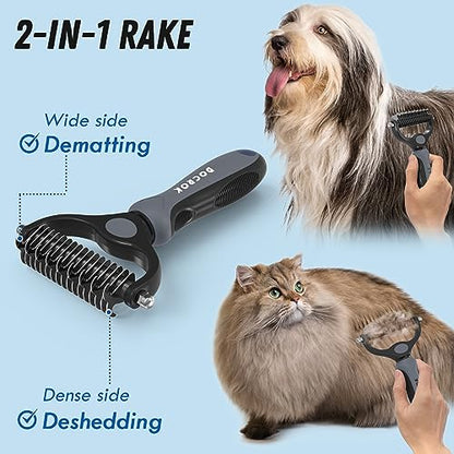 Docrok Pet Grooming Brush and Metal Comb Combo, Cat Brush Dog Brush for Shedding, Undercoat Rake for Dogs Grooming, Dematting Deshedding Brush Dogs Shedding Tool for Long matted Haired Pets, Gray - color: Gray