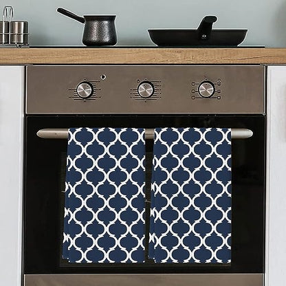 Chic D Geometric Moroccan Pattern Kitchen Towel Set of 3, Absorbent Microfiber Hand Towels for Kitchen Bathroom Bar Decorative Navy Blue White Ultra Soft Resuable Cleaning Cloths Washable Fast Drying - size: 3PCS-18" x 28"