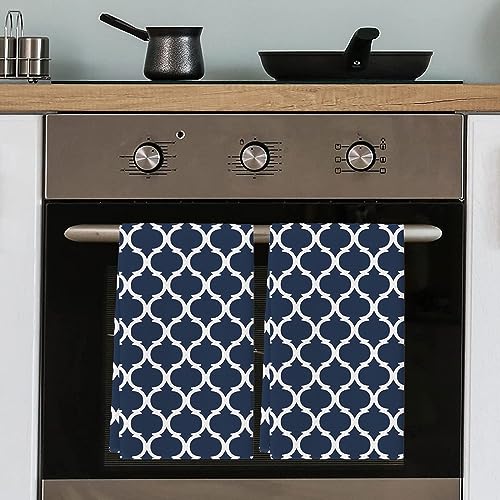 Chic D Geometric Moroccan Pattern Kitchen Towels, Absorbent Microfiber Hand Towels for Kitchen Bathroom Bar Decorative Navy Blue White Ultra Soft Resuable Cleaning Cloths Washable Fast Drying - size: 18" x 28"