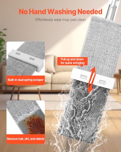 VEVOR Flat Mop, Self Wringing, Microfiber Floor Cleaner with 4 Reusable & Washable Pads for Dry & Wet Floor Cleaning, Microfiber Flat Mop with Stainless Steel Handle for Hardwood Laminate Tile Vinyl - style: Flat Mop with 4 Pads
