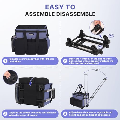 JKAOO Large Rolling Cleaning Caddy Bag with Detachable Trolley, Denim Blue | Waterproof Cleaning Caddy with Wheels, 40L Wheeled Organizer Cart for Supplies, Housekeepers, Home, Office, Car, Picnic - color: Denim Blue