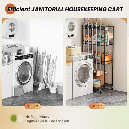 Olakee Taller Broom Holder with Cleaning Supplies Organizer, Broom Closet Storage Cabinet with Mop Hanger Gripper Rack Hooks, Housekeeping Janitorial Cart with Cleaning Caddy, Garage Home Improvement - size: Elevated