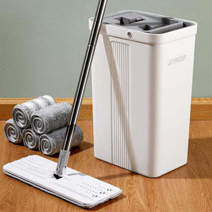 JOYMOOP Flat Mop System, Microfiber Mop and Bucket Set, White, Household & Commercial Floor Cleaning Mop with Long Handle, Wet & Dry Cleaning for Hardwood Floors, Includes 5 Pads - color: White Standard245