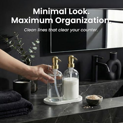 MaisoNovo Bathroom Soap Dispenser Set- Soap and Lotion Dispenser Set with Clear Soap Dispenser, Gold Pumps & Concrete Tray - color: Clear Bottles/ Golden Pumps/ White Concrete Tray