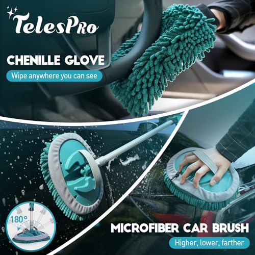 TelesPro 12FT Car Wash Brush with Long Handle, Car Cleaning Kit with Soft Wash Brush, Tire Brush, Window Squeegee, Microfiber Cleaning Head, Mitt, for House Siding, Auto Cars, Trucks, SUV, RV, Floors