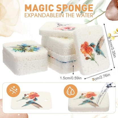 Maxdot 50 Counts Compressed Cellulose Sponges Bulk Fruits Style Natural Kitchen Compostable Non Scratch Dish Sponges for Washing Dishes, Cleaning Countertop Sink, Kids DIY - style: Flower Bird Style