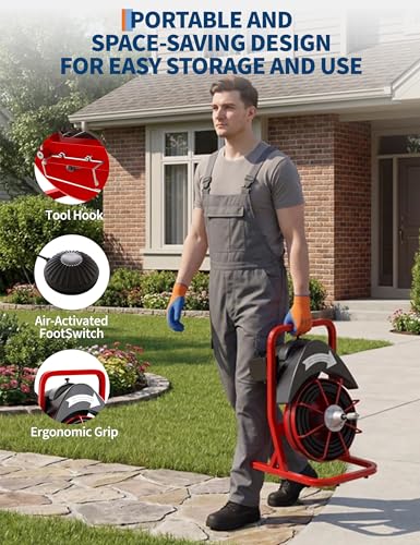 Garvee Drain Cleaner Machine 75FT x 1/2 Inch Steel Core Cable Portable 370W Electric Drain Cleaning Machine With Sewer Auger, Cutter, Air-activated Foot Switch, for Commercial, Home