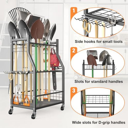 TORACK Garden Tool Organizer with Wheels, Rakes Shovels Yard Tools Stand for Garage, Shed, Garden, Indoor/Outdoor Long-Handled Tools Cart(Mid-size) - style: Mid-size Tool Stand