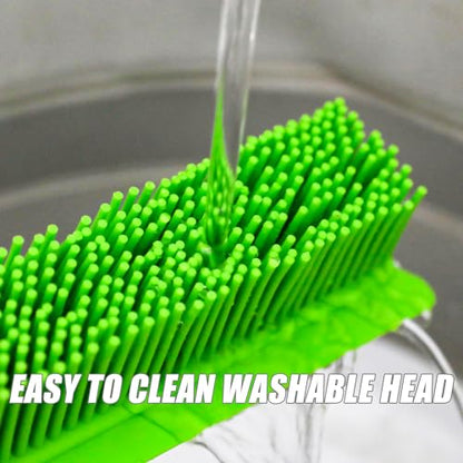 Rubber Broom and Dustpan Set,Pet Hair Removal Rubber Broom with Squeegee and Stainless Steel Dust Pan,Carpet Rake Push Broom and Dustpan for Fluff Hardwood Floor Tile (Green) - color: Green