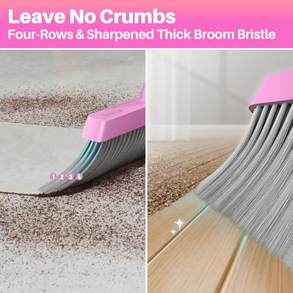 JOYMOOP Pink Broom and Dustpan Set, Upright Angle with Built-in Comb Teeth for Kitchen, Lobby, Pet Hair and Hard Floors - color: Lavender Pink & Sakura Pink