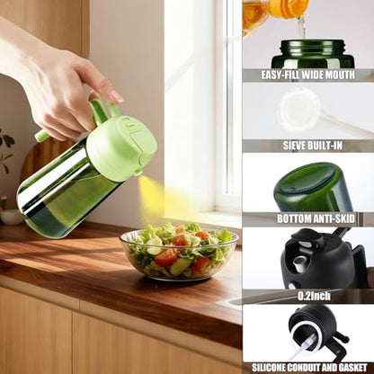 OURCABECUE 2 in 1 Olive Oil Sprayer for Cooking, 16oz/470ml Olive Oil Dispenser Bottle for Kitchen, Light-Blocking Dark Glass Oil Bottle, Food-Grade Oil Mister with 8 Oil Stickers (Green Bottle-Cap) - color: Green Bottle-Green Cap
