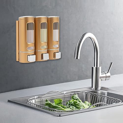 3-Head 400 ml Gold Soap Dispenser, Wall-Mount Triple Chamber Shampoo Conditioner Body Wash Pump, Bathroom Shower Gel Holder, Hotel Gym School Mall Refill Bottle, Adhesive or Screw Install
