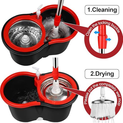 Mop Bucket with Wringer Set, 360 Rotation Mop Bucket Systerm for Floor Cleaning with 3 Microfiber Mop Head for Office and Home Use, Black (20QT) - color: Black Red