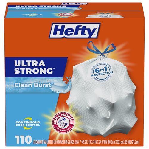 Hefty Ultra Strong 13 Gallon Trash Bags, Tall Kitchen Trash Bags 13 Gallon Size, Drawstring Closure, Continuous Odor Control, White, Clean Burst Scent, 110 Bags - size: 110 Count (Pack of 1), style: Clean Burst