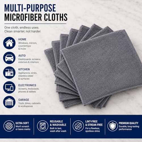 Iron Ridge Microfiber Cleaning Cloths 6-Pack, Gray, 12x12, 300 GSM | Reusable, streak-free performance for glass, kitchens, vehicles, electronics, workspaces, and everyday tasks - color: Gray