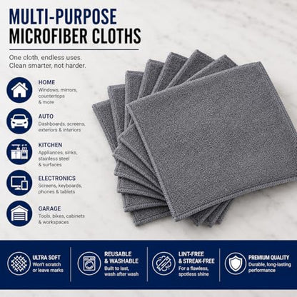 Iron Ridge Microfiber Cleaning Cloths 6-Pack, Gray, 12x12, 300 GSM | Reusable, streak-free performance for glass, kitchens, vehicles, electronics, workspaces, and everyday tasks - color: Gray