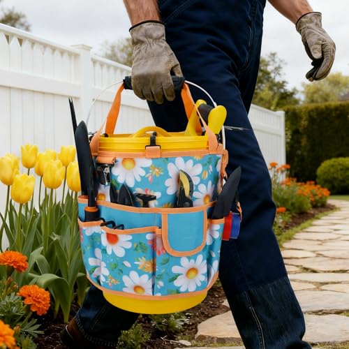 KUNN 5 Gallon Bucket Organizer 18-Pocket Tool Bag with Hangable Handle | Heavy-Duty Garden Caddy & Bucket Accessory for Gardening Tools, Orange - style: Sunny Daisy