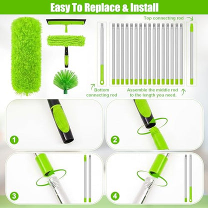 30 Feet High Reach Duster Kit with 2-24 ft Extension Pole High Ceiling Dusting and Window Cleaning Kit with Window Washer & Squeegee, Cobweb Duster, Washable Head for Ceiling Fan(Green) - color: Green, size: 30 ft