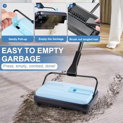 Carpet Sweeper Manual, Floor Sweeper with 300 ml Dustbin Capacity Easy to Empty, 6.7 inch Cleaning Width for Home Office Carpets Pet Hair Dust, Blue