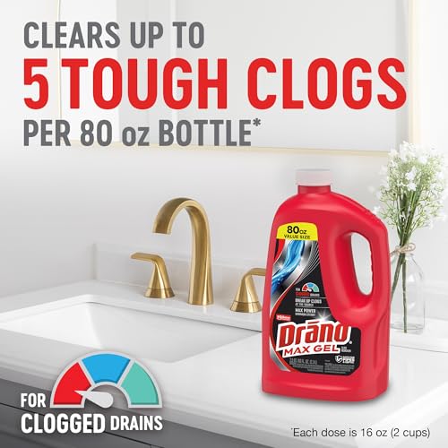 Drano Max Gel Drain Clog Remover & Cleaner, Fast-Acting to Unclog Standing Water & Remove Hair, Grease & Food Blockages, Safe for all Pipes & Septic, Kitchen Sinks, Bathroom Showers, 80 Oz, 2 Pack - size: 80 Fl Oz (Pack of 2)