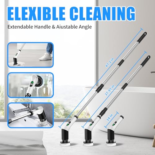Electric Spin Scrubber, Cordless Power Cleaning Brush with 7 Replaceable Heads, Adjustable Long Handle, & LCD Display, IPX7 Waterproof Shower Scrubber for Bathroom, Tub, Tile, Kitchen & Car