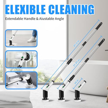 Electric Spin Scrubber, Cordless Power Cleaning Brush with 7 Replaceable Heads, Adjustable Long Handle, & LCD Display, IPX7 Waterproof Shower Scrubber for Bathroom, Tub, Tile, Kitchen & Car
