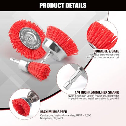 POLIWELL Nylon Abrasive Brush for Drill, 6 Pack Nylon Filament Wire Wheel & Cup Brush Set, 1/4 Inch Hex Shank, 3” and 2.6” Red Coarse Abrasive Bristle Drill Brushes for Paint, Corrosion, Rust Removal