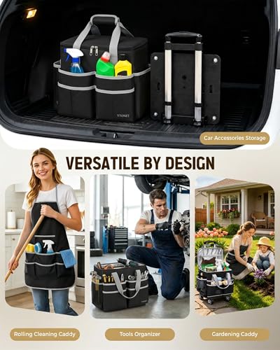 Ytonet Wearable Rolling Cleaning Caddy Bag with Cleaning Apron, Large Cleaning Caddy with 4 Spinner Wheels, Detachable Trolley Portable Cleaning Supplies Organizer Cart for Housekeepers, Utility Bag - color: Black