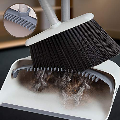 Broom and Dustpan Set, JEHONN Long Handle Lightweight Broom Set Upright Standing Dustpan Stand Up Store Sweep Set for Home Room Kitchen Office Lobby - color: Gray and White