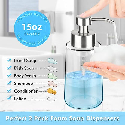 2 Pack Glass Foam Soap Dispenser Set, 15 Oz Rust-Proof Stainless Steel Pump, with Waterproof Labels for Kitchen & Bathroom Countertop, Hand and Dish Soap - color: 2 Pcs With Label