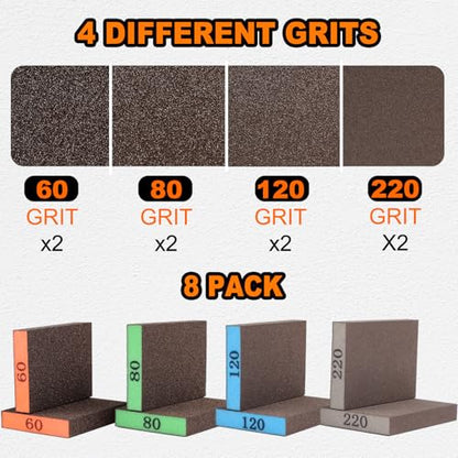 8 Pack Sanding Sponge, Washable & Reusable Sanding Blocks for Drywall, Wood, Metal & Furniture — Premium Sandpaper Block Assortment with 60/80/120/220 Grit