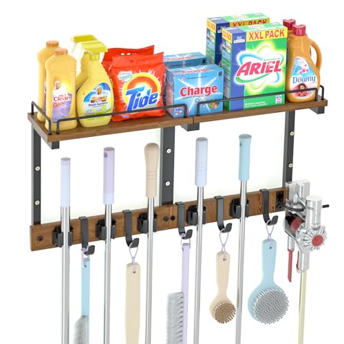 Mop Holder Wall Mount with Cleaning Supplies Organizer, Wood Mop and Broom Hanger Rack Organizer with Anti-Fall Wall Shelf with 5 Clips & Hooks for Garage Laundry Room Kitchen (Brown) - color: Brown