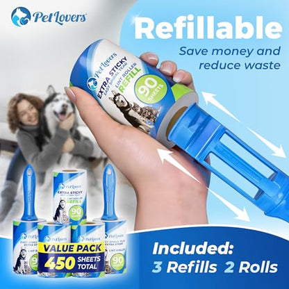PetLovers Extra Sticky Lint Roller Mega Value Set 450 Sheets for Pet Hair Removal and Clothes, Dog and Cat Lint Remover 5 Pack - size: 5 Pack
