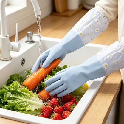 1 Pair L Code Reusable Rubber Dishwashing Gloves,Long Waterproof Cleaning Gloves with Elastic Cuffs for Kitchen Laundry Gardening Household(Blue)