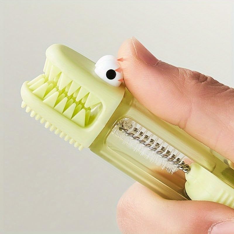 Cute Crocodile 3-in-1 Cup Brush - Multifunctional Kitchen Cleaning Tool for Bottles, Grooves & Lids with Durable Bristles, Portable Design for Home & Office Use - color: Green