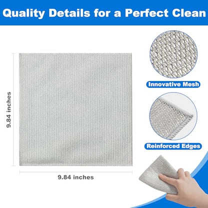 JOYMOOP Dual-Sided Silver Microfiber Cleaning Cloth, Reusable Non-Scratch Dishwashing Rag, Multipurpose Scrubbing Pads for Kitchen, Glass, Stainless Steel