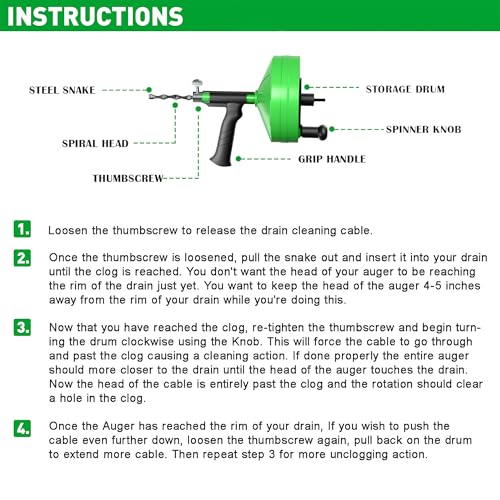 BACOENG 50Ft Drain Auger, Heavy Duty Plumbing Snake with Drill Adapter, Use Manually or Powered for Drain Clog, Shower Sink, Comes with Gloves and Bag (Green) - color: Green-50FT