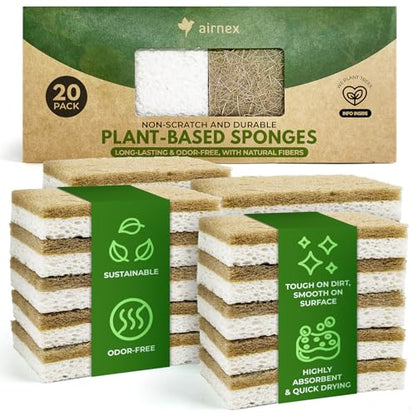 AIRNEX Natural Kitchen Sponges Pack of 20 - Biodegradable Cellulose and Coconut Husk Walnut Scrubbers - Odor Free Non Scratch - Eco Friendly Quick Drying Dishwashing Sponges - size: 20 Pack
