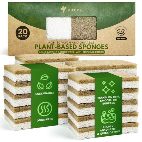 AIRNEX Natural Kitchen Sponges Pack of 20 - Biodegradable Cellulose and Coconut Husk Walnut Scrubbers - Odor Free Non Scratch - Eco Friendly Quick Drying Dishwashing Sponges - size: 20 Pack