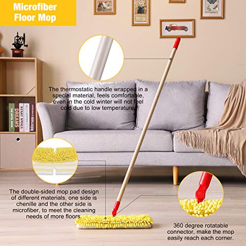 AKOMA Dual Sided Dust Mop, Flip Head Dry and Wet Mops for Floor Cleaning, with 2 Washable Microfiber Pads Mopping for Home Office Bathroom Hardwood Tile Floor,Yellow Cleaner Tools