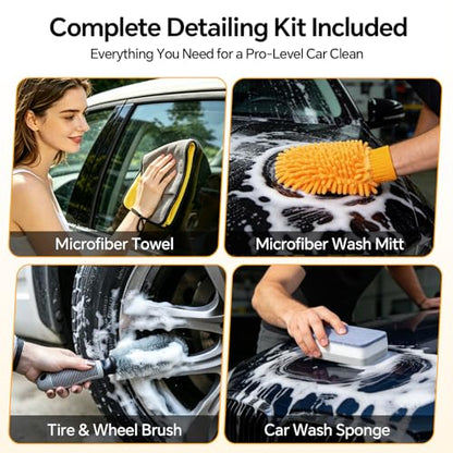 7-in-1 Car Wash Kit with 20L Collapsible Bucket, 15° Curved Mop with 40.5" Long Handle, 0.84mm Reinforced Aluminum Pole, Professional Car Cleaning Supplies for SUV, Trucks & RVs-Yellow. - color: Yellow