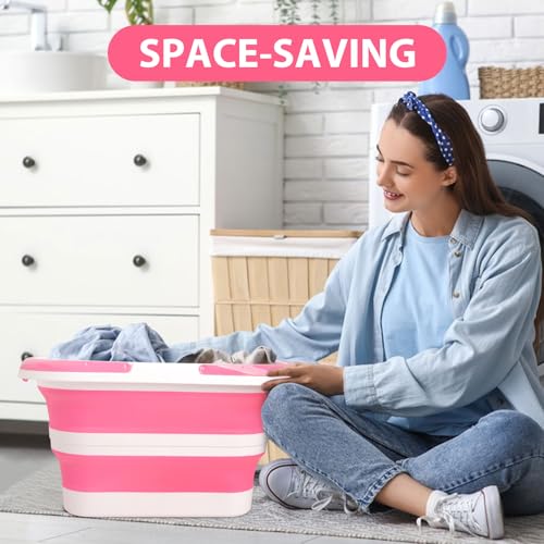 Collapsible Mop Bucket 4.2 Gallon(16L), Space-Saving Foldable Cleaning Bucket with Handle & Hanging Hole for Home, Swimming Pool, Camping, Car Wash & Outdoor (Pink White) - color: Pink White