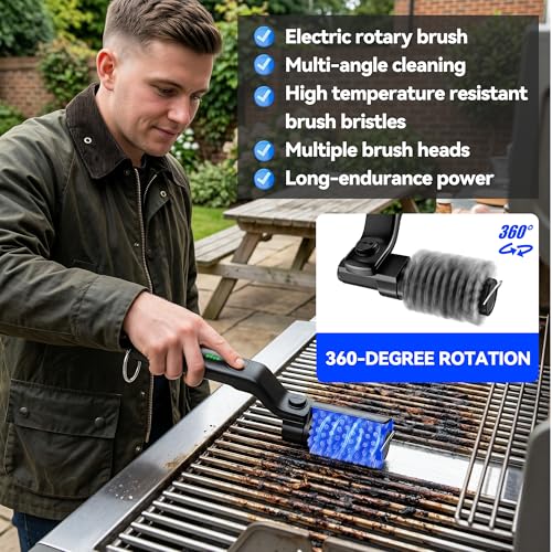 Electric Grill Brush, Cordless Rechargeable Grill Cleaner with 3-Speed Powerful Motor & 180° Adjustable 304 Stainless Steel Non-Shedding Brush Head, Automatic Cleaning for Outdoor Gas Grill & Grates