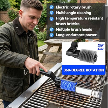 Electric Grill Brush, Cordless Rechargeable Grill Cleaner with 3-Speed Powerful Motor & 180° Adjustable 304 Stainless Steel Non-Shedding Brush Head, Automatic Cleaning for Outdoor Gas Grill & Grates