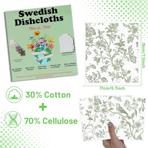 Swedish Dishcloths for Kitchen, 6PCS Sage Green Floral Birds Cellulose Sponge Reusable Paper Towels Washable, Greenery Absorbent Fast Drying Swedish Dish Cloth for Home Cleaning - style: Green Flower
