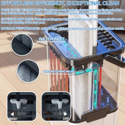 Mop and Bucket Set with Wringer,Separate Clean Dirty Water, Self Wringing Microfiber Dust Flat Mop for Hardwood Floors, Kitchen, Wall Cleaner -with 4 Washable Microfiber Pads