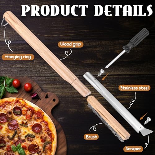 21'' Pizza Oven Brush Pizza Stone Brush with Stainless Steel Stone Scraper and Bristles Outdoor Oven Accessory Includes Extra Replacement Brushes Head and Screwdriver