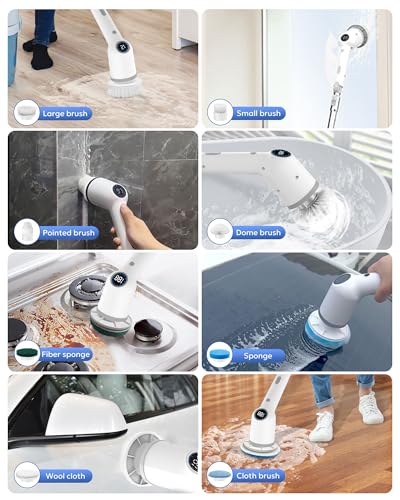 Electric Spin Scrubber for Bathroom,Shower Cleaning Brush,Cordless Shower Scrubber with 8 Replaceable Brush Heads and Adjustable Extension Handle,3 Adjustable Speeds for Kitchen Car, White