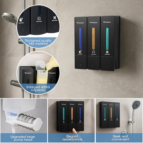 Shampoo and Conditioner Dispenser,Shower Dispenser 3 Chamber No Drill,Shower Soap Dispenser Wall Mounted for Bathroom Hotel with Upgrade Pump Head,3 * 400ml(Black 3 Chamber) - color: Black 3 Chamber