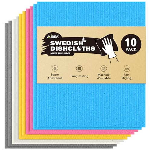 AIDEA Swedish Dishcloths for Kitchen-10PK, Absorbent Sponge Dish Cloth, Dishcloths for Washing Dishes, Reusable Paper Towels Dish Cloths, Swedish Towels for Home, Kitchen, Glass, 7" x 6" - color: Blue Pink Yellow Grey White